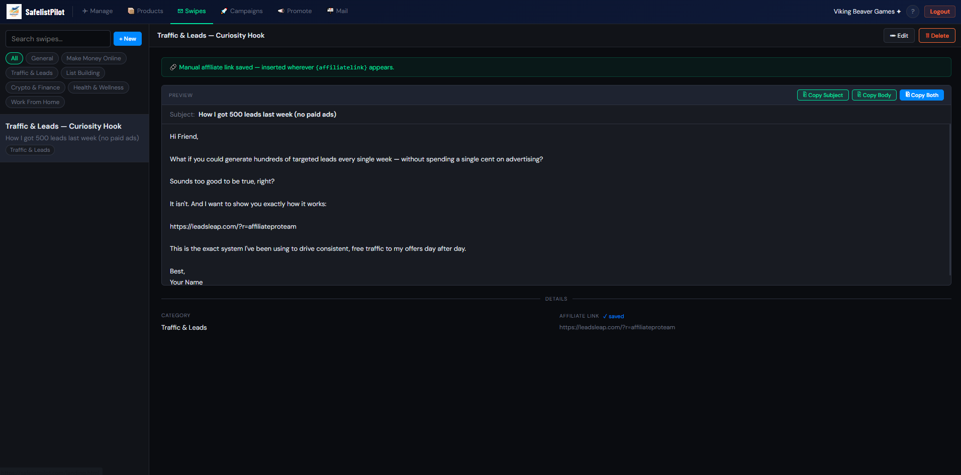 Swipes tab screenshot